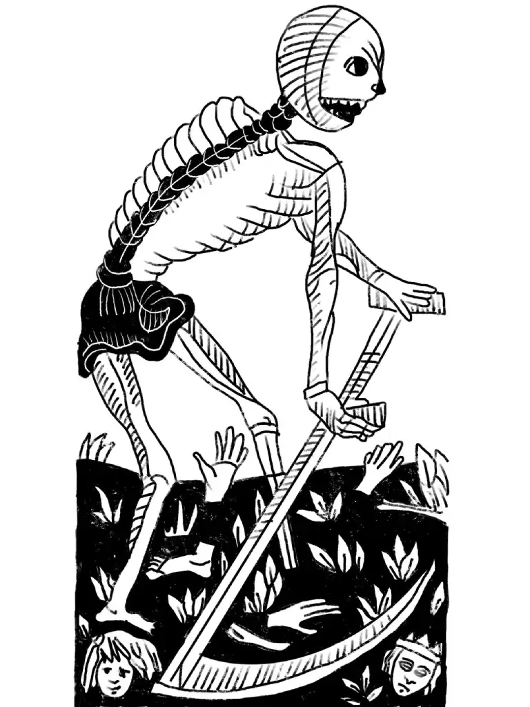 Death card from the Marseille tarot, showing a skeleton with a scythe cutting down figures and plants.