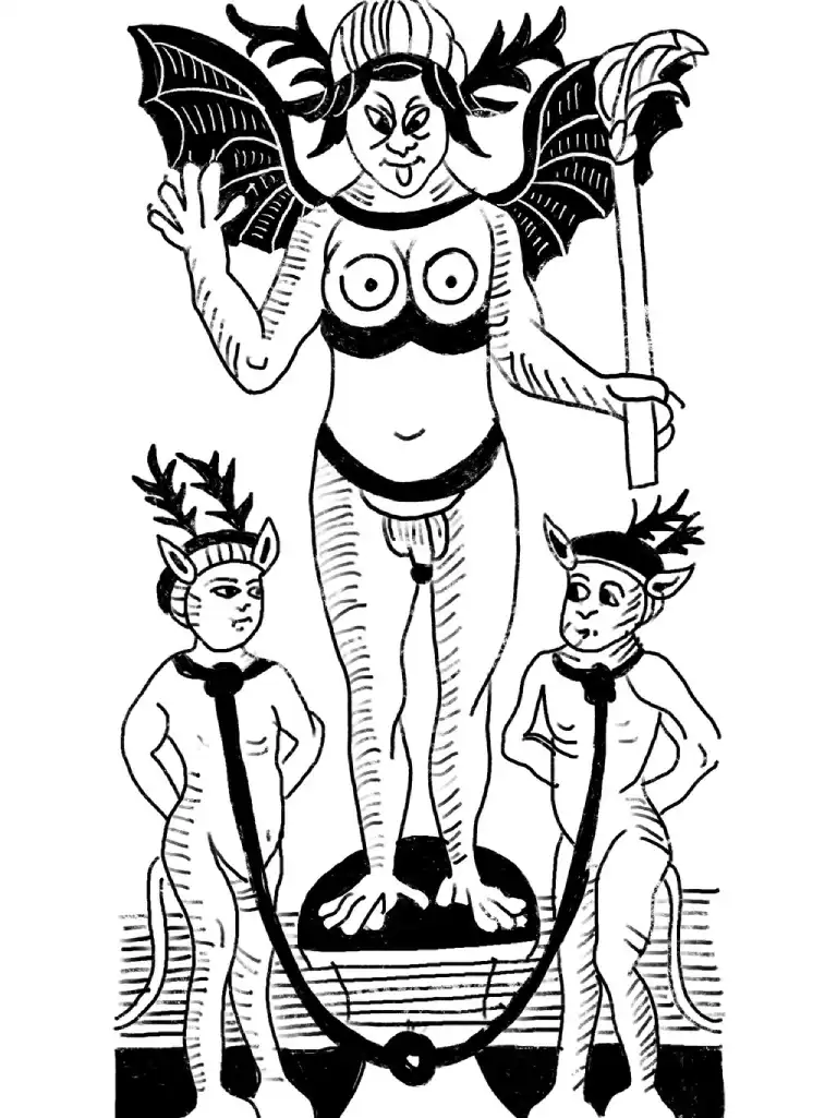 The Devil card from the Marseille tarot, black and white.