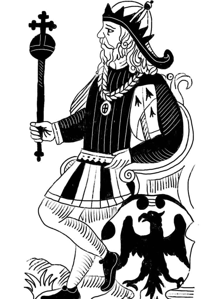 The Emperor card from the Marseille tarot, black and white.
