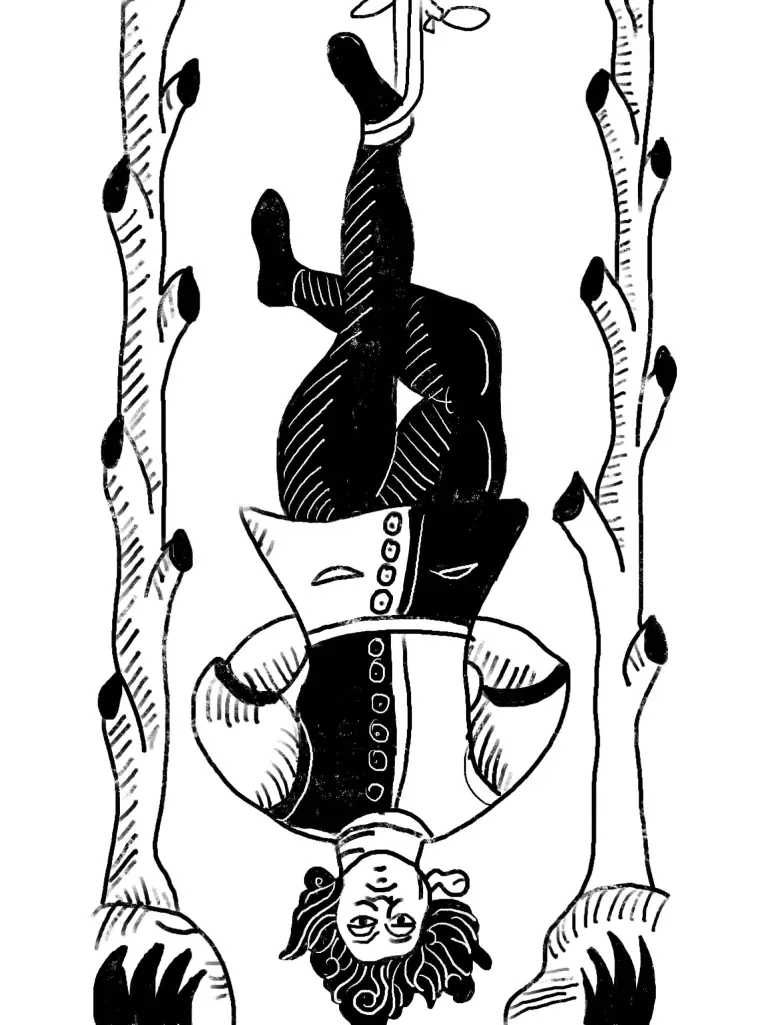 The Hanged Man card from the Marseille tarot, black and white.