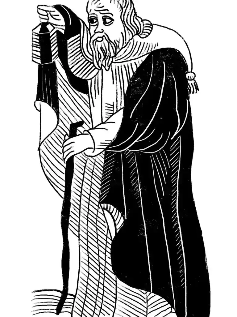 The Hermit card from the Marseille tarot, black and white.