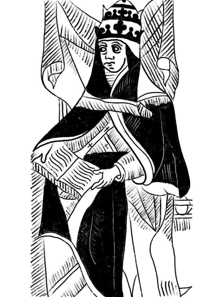 The High Priestess card from the Marseille tarot, black and white.