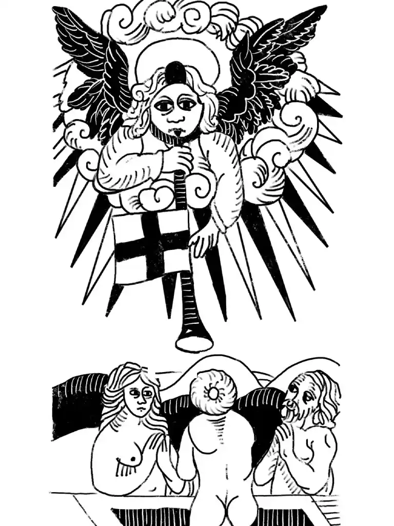Judgement card from the Marseille tarot, black and white.