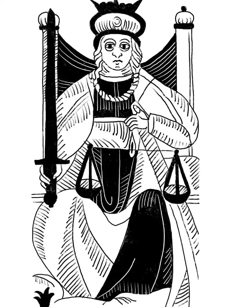 Justice card from the Marseille tarot, black and white.
