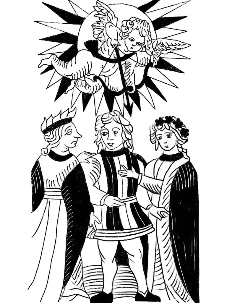 The Lover card from the Marseille tarot, black and white.