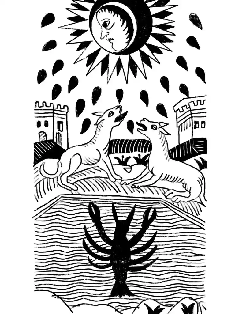 The Moon card from the Marseille tarot, black and white.