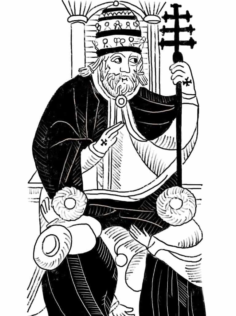 The Pope card from the Marseille tarot, black and white.