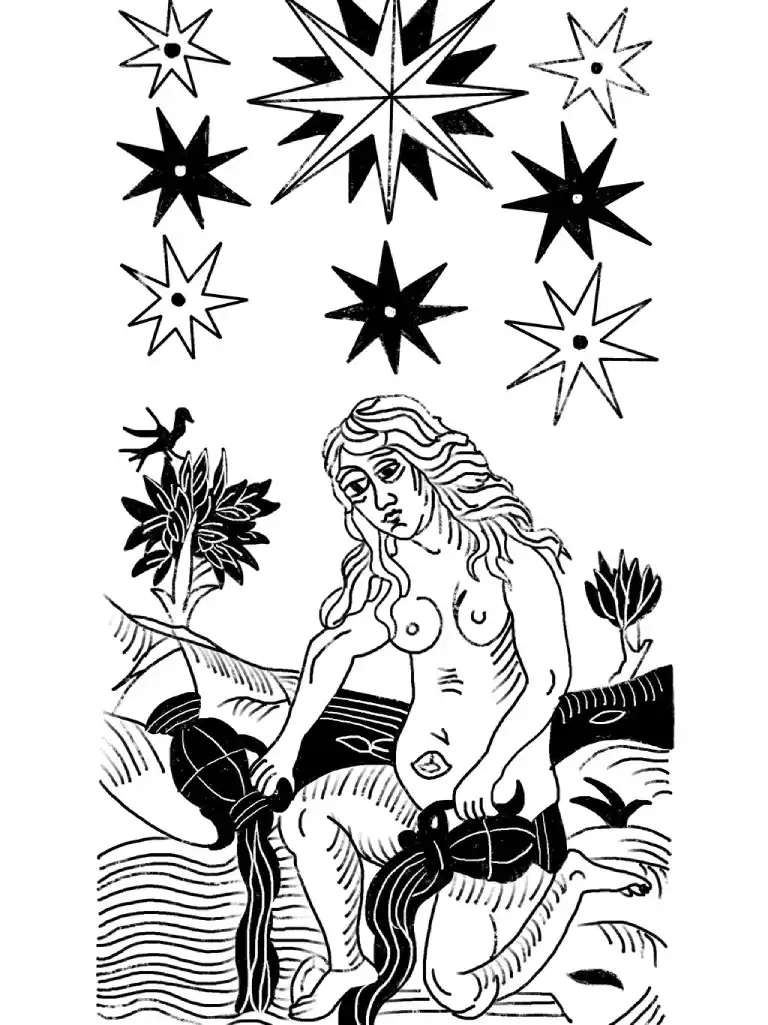The Star card from the Marseille tarot, black and white.