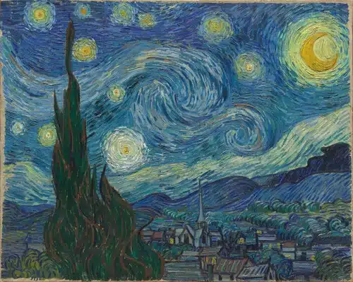 The Starry Night by Vincent van Gogh, depicting a swirling night sky filled with luminous stars above a quiet village, used to visually evoke intensity and dynamic tension in an article exploring a Grand Cross in astrology.