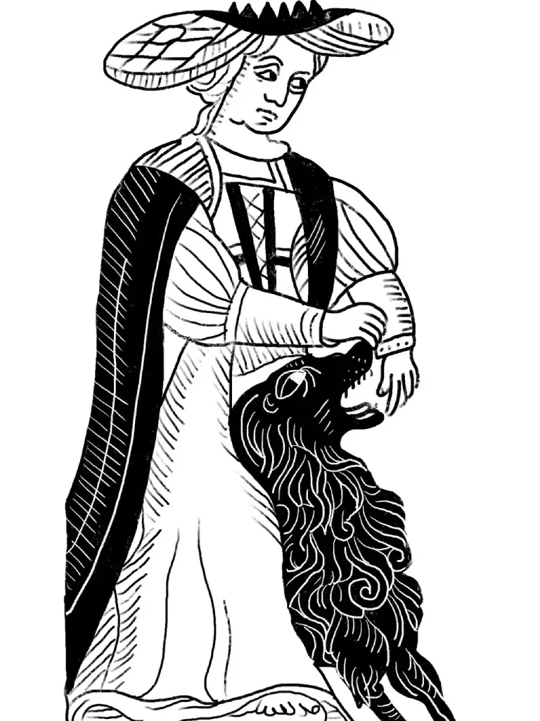 Strength card from the Marseille tarot, black and white.