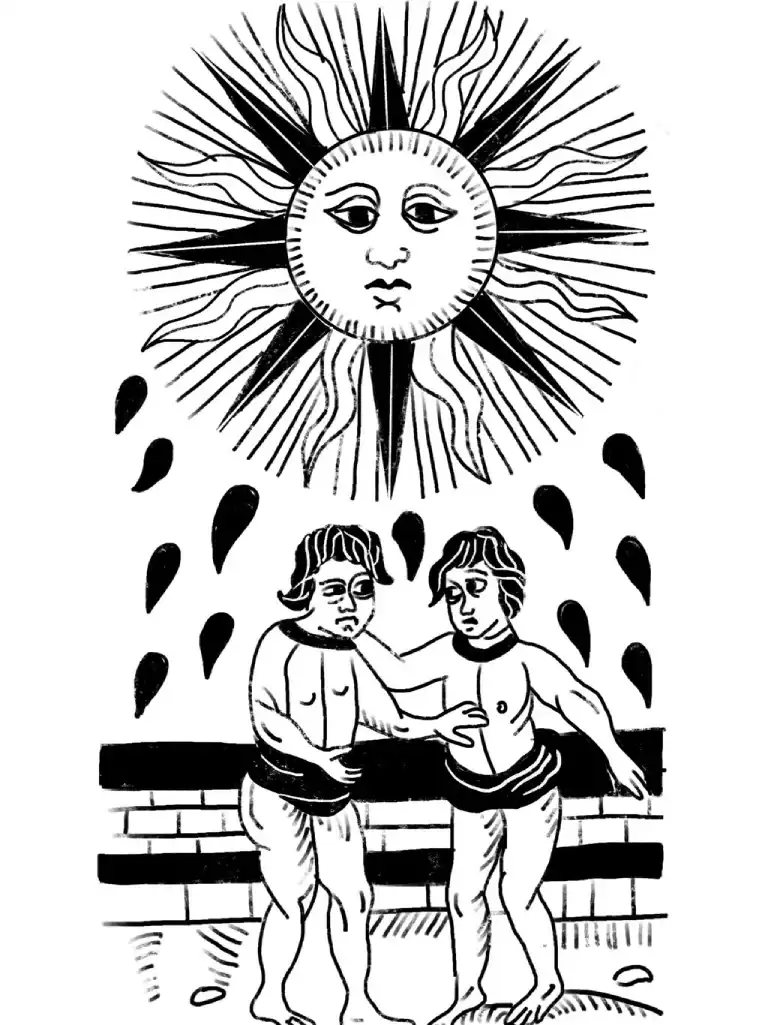 The Sun card from the Marseille tarot, black and white.