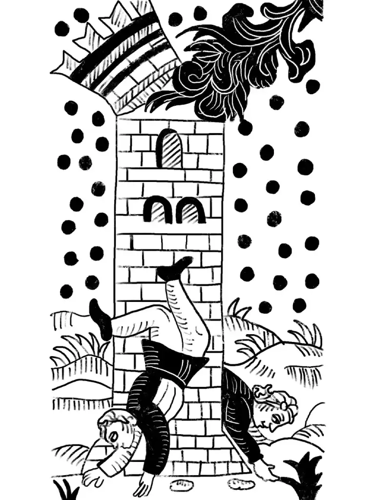 The Tower card from the Marseille tarot, black and white.
