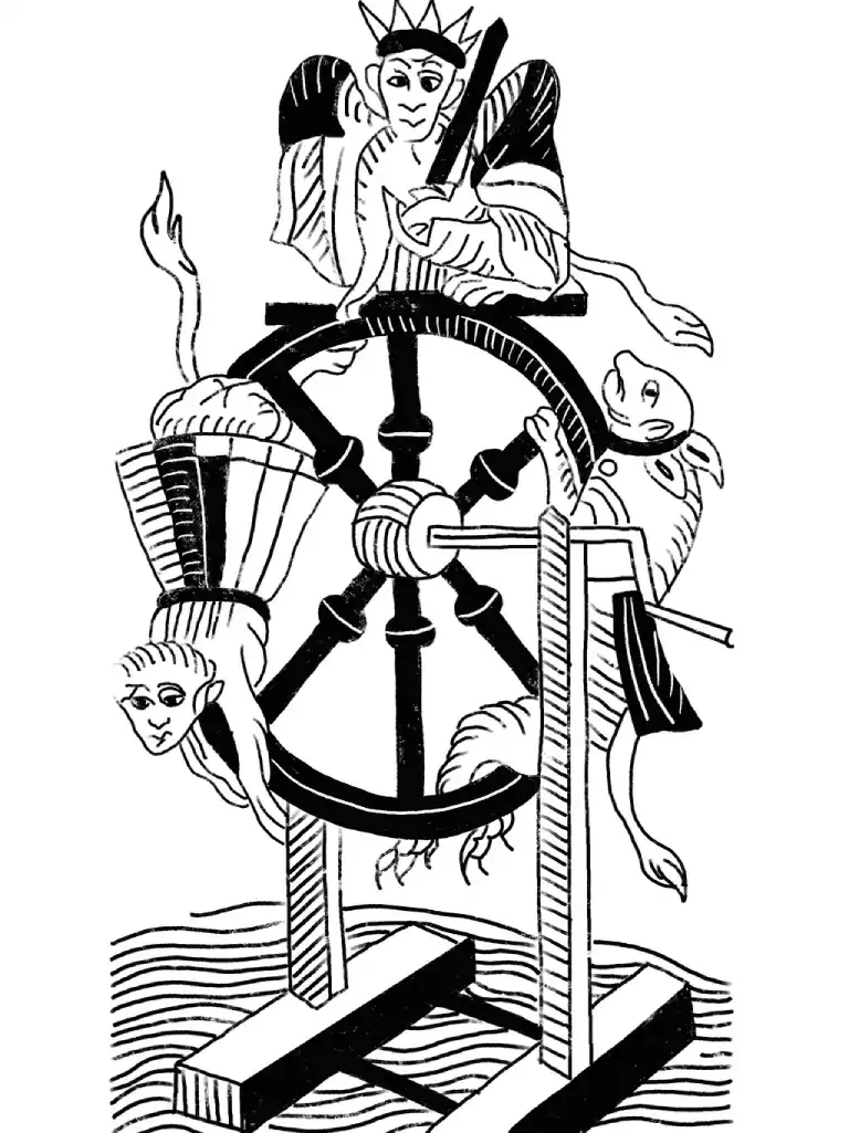The Wheel of Fortune card from the Marseille tarot, black and white.