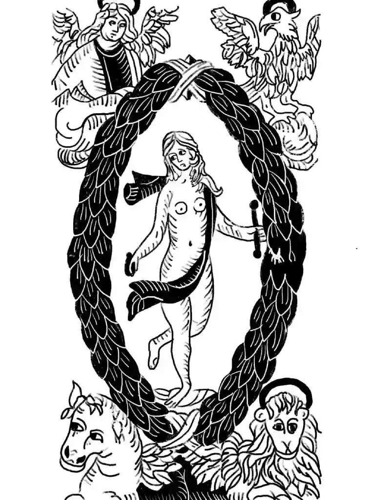 The World card from the Marseille tarot, black and white.