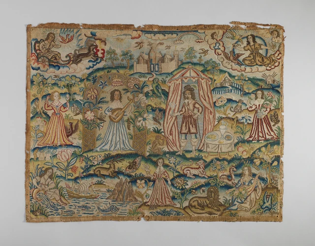 astrology elements antique tapestry illustrating the four elements fire earth air and water in a classical allegorical composition