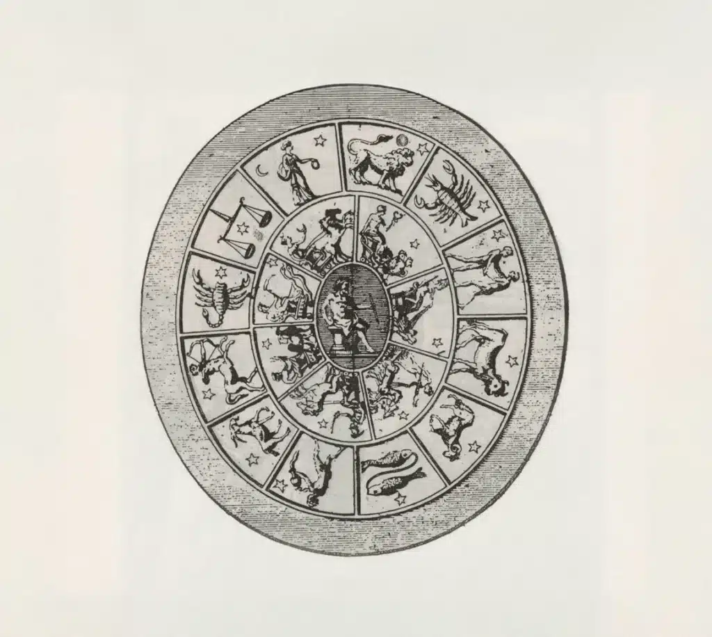 Horoscopes and zodiac wheel in an ancient illustration showing the twelve zodiac signs.
