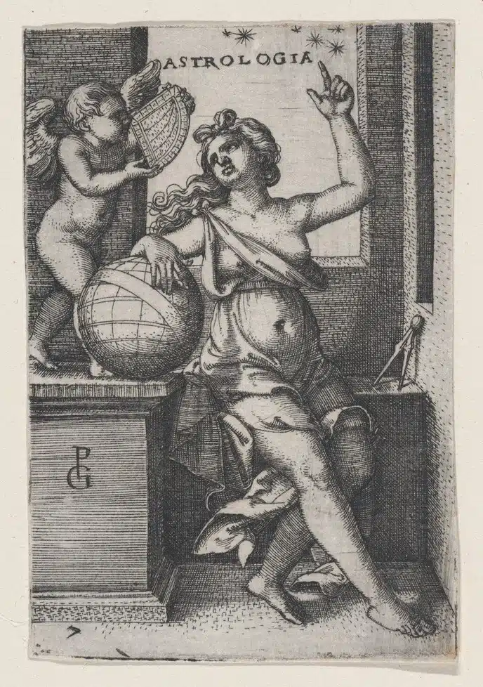 Horoscopes concept illustrated by a classical engraving of a woman personifying astrology.