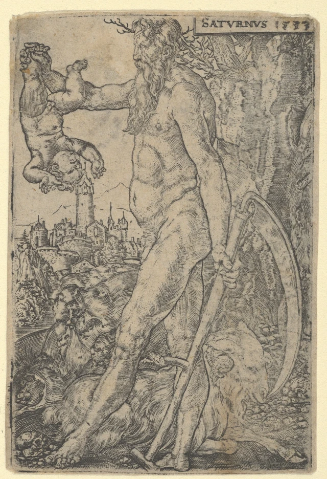 Saturn, ruler of the 10th house, represented as a powerful and austere figure holding a scythe.