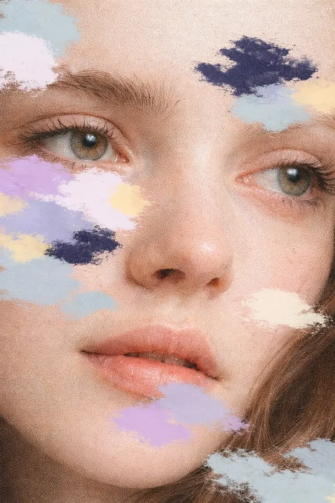 Neptune in the 8th house symbolism with dreamy face and blurred colors.