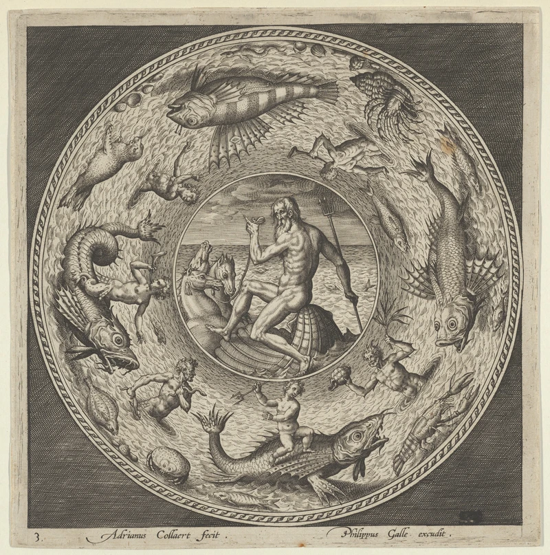 Neptune in the 8th house symbolism with Neptune and sea creatures in circular engraving