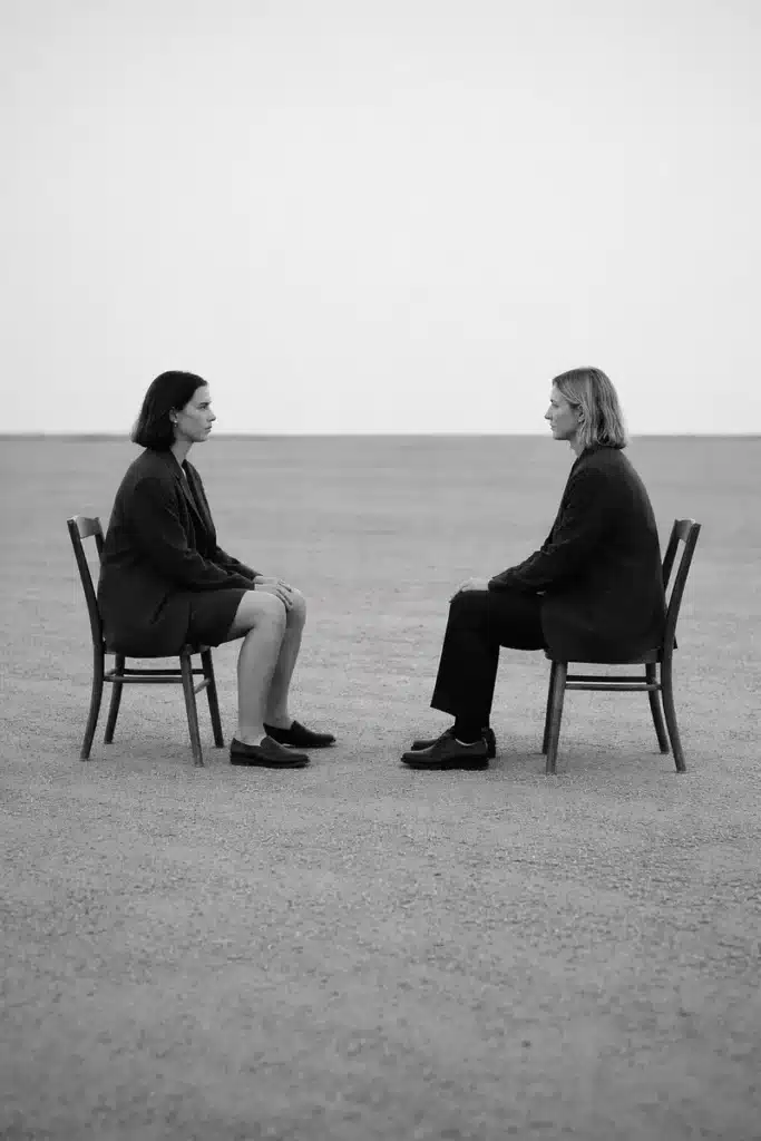 Two people facing each other symbolizing synastry and birth chart compatibility in astrology calculator.