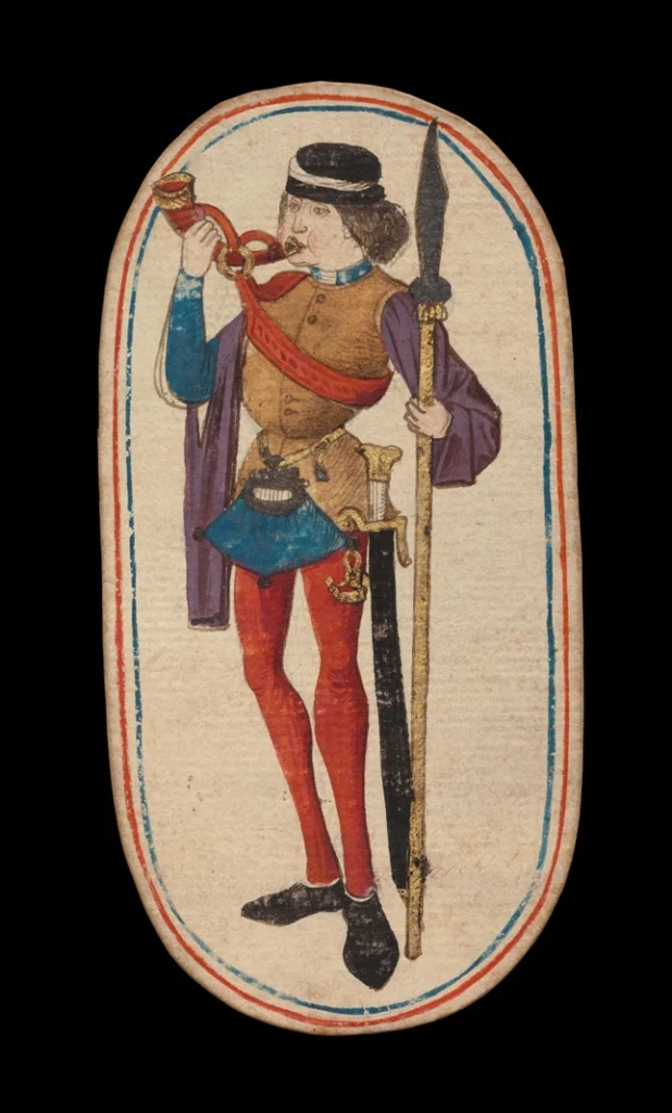 Knave of horns cloisters playing cards 1475 early tarot figure with horn and sword.