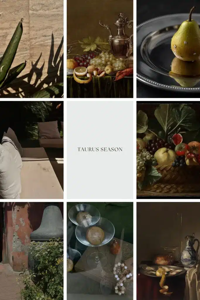 Taurus season earthy symbolism, collage.