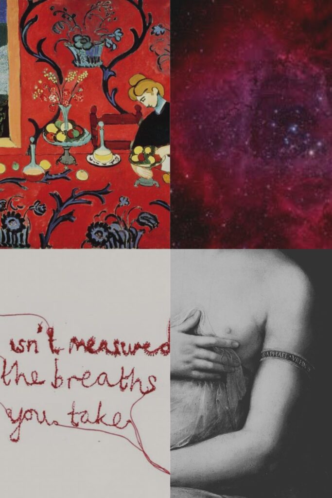 Venus in Taurus energy, rich red collage background expressing sensuality, stability, pleasure, and grounded desire.