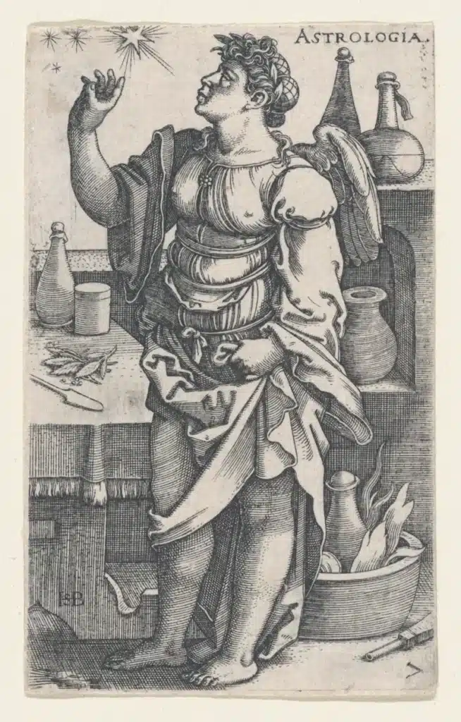 Renaissance engraving of astrology by Sebald Beham, depicting a scholar observing the stars as part of the seven liberal arts.