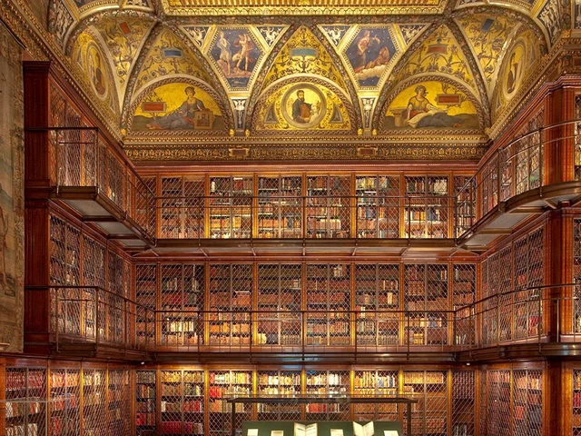 Morgan Library interior New York historic library reading room with ornate wood paneling, high ceilings, and rows of rare books