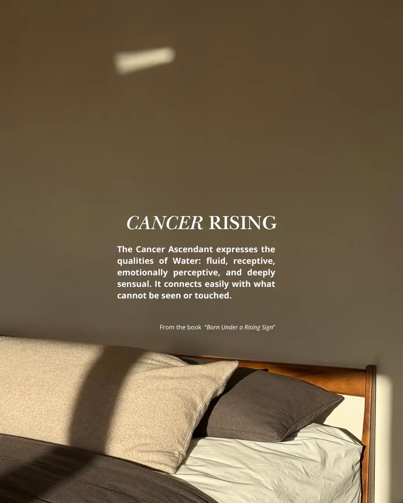 cancer rising quote image from Born Under a Rising Sign, minimalist design with soft tones, reflecting emotional depth, introspection, and lunar symbolism