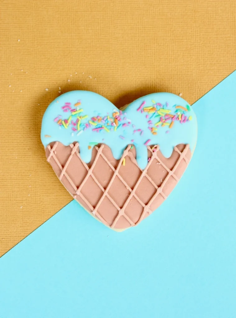 Venus in Leo represented by a heart shaped biscuit, glazed with a light blue glaze on a colourful background.