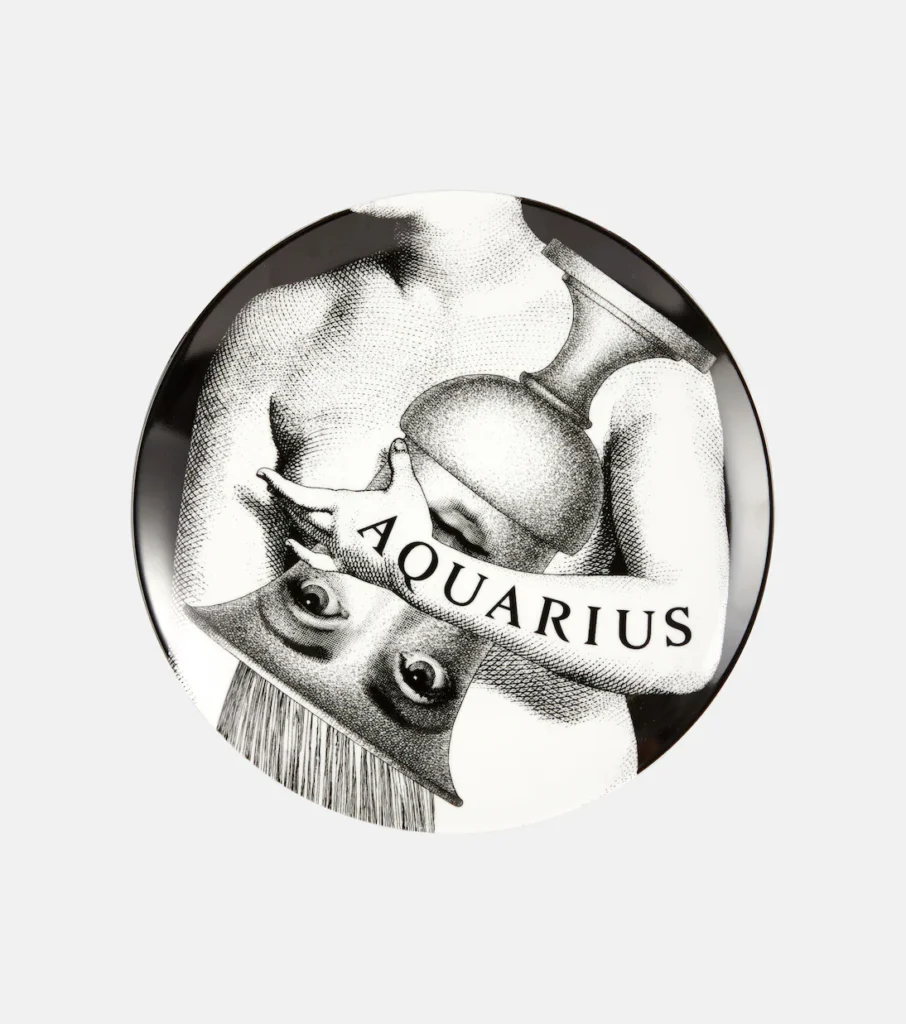 fornasetti aquarius plate aquarius rising style, surreal artistic design with intellectual and unconventional aesthetic
