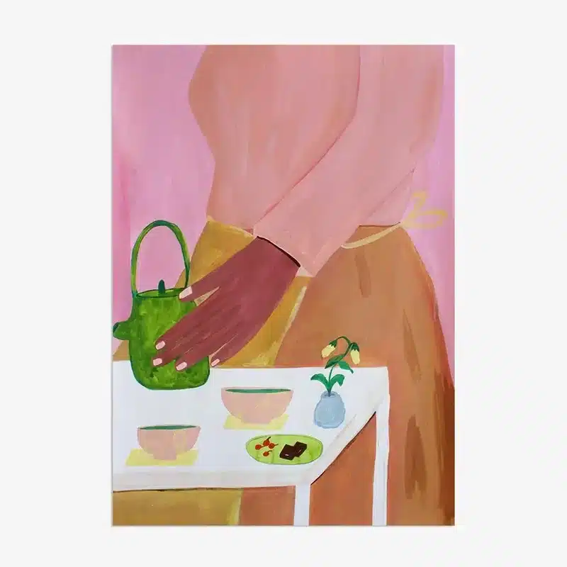 pink-toned painting close-up of a hand on a set table, symbolizing intimacy, memory, nourishment, and the emotional atmosphere of Cancer Season