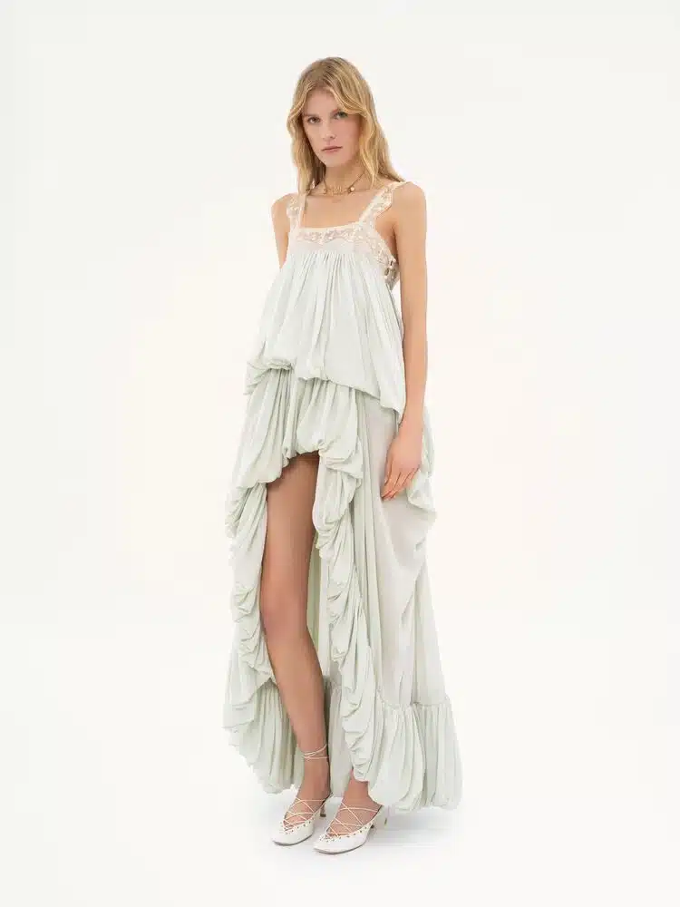 dreamy voluminous Chloé dress with soft pleats for Cancer Season, symbolizing tenderness, movement, and romantic water-sign energy