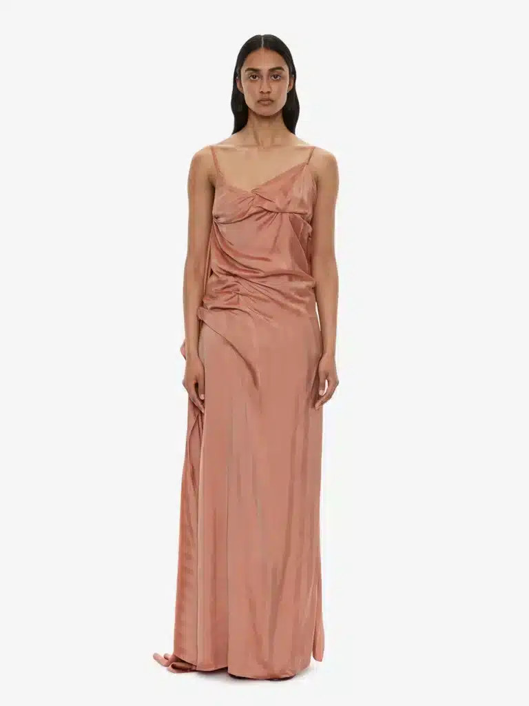 Jupiter in Leo dusty pink sleeveless long dress elegant flowing feminine luminous style