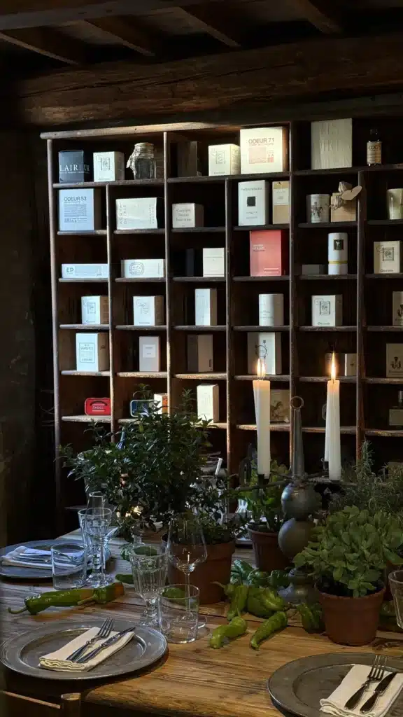 mars in gemini, rustic interior with a wooden table and shelves of objects symbolizing curiosity, ideas, movement, and the active life of the mind