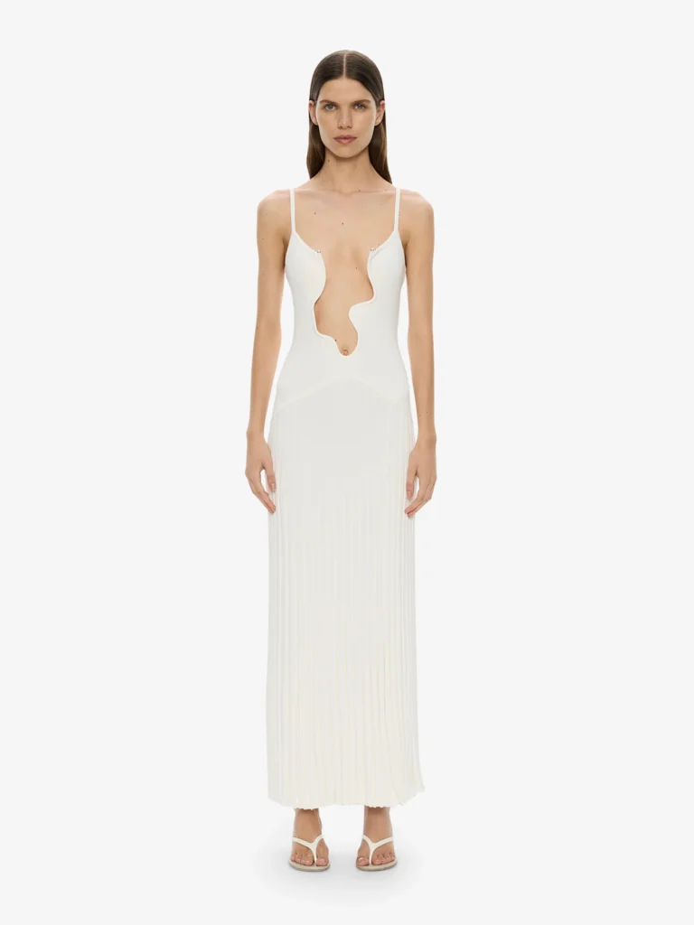 pisces rising long fitted white dress with unusual neckline, ethereal flowing silhouette with romantic and cinematic atmosphere