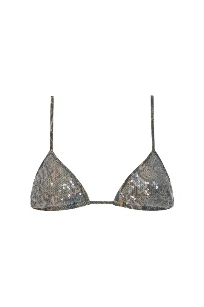 scorpio rising silver triangle bikini, reflective metallic fabric with sensual minimalist design and intense feminine aesthetic