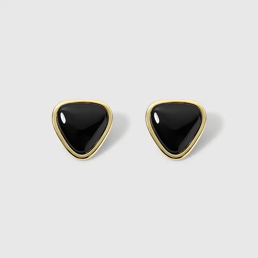 scorpio rising black triangular earrings, sharp geometric design with dark elegant aesthetic and intense minimalist style