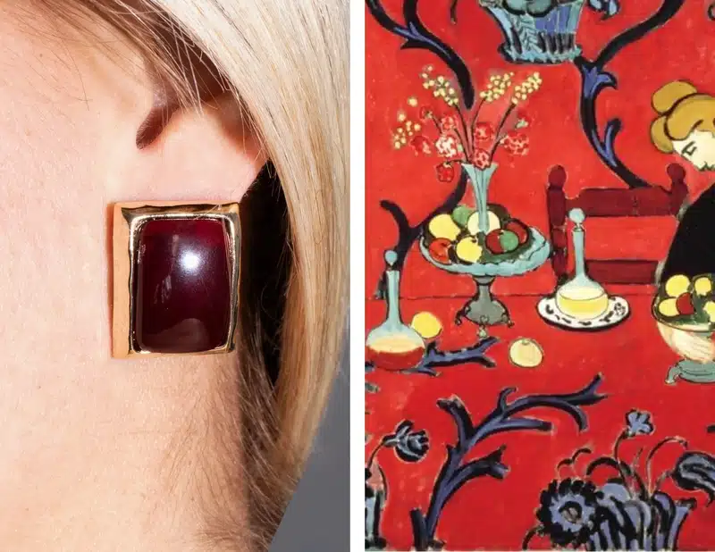 Square red earring with a bold geometric design, representing the fiery energy and symbolic colour of Aries.