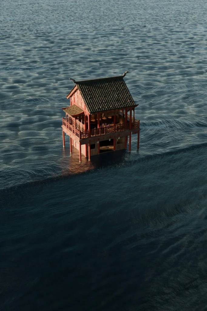 New Moon in Cancer meaning symbolized by a solitary house in the middle of the sea, evoking emotional belonging, inner safety, memory, and the search for home within uncertainty.