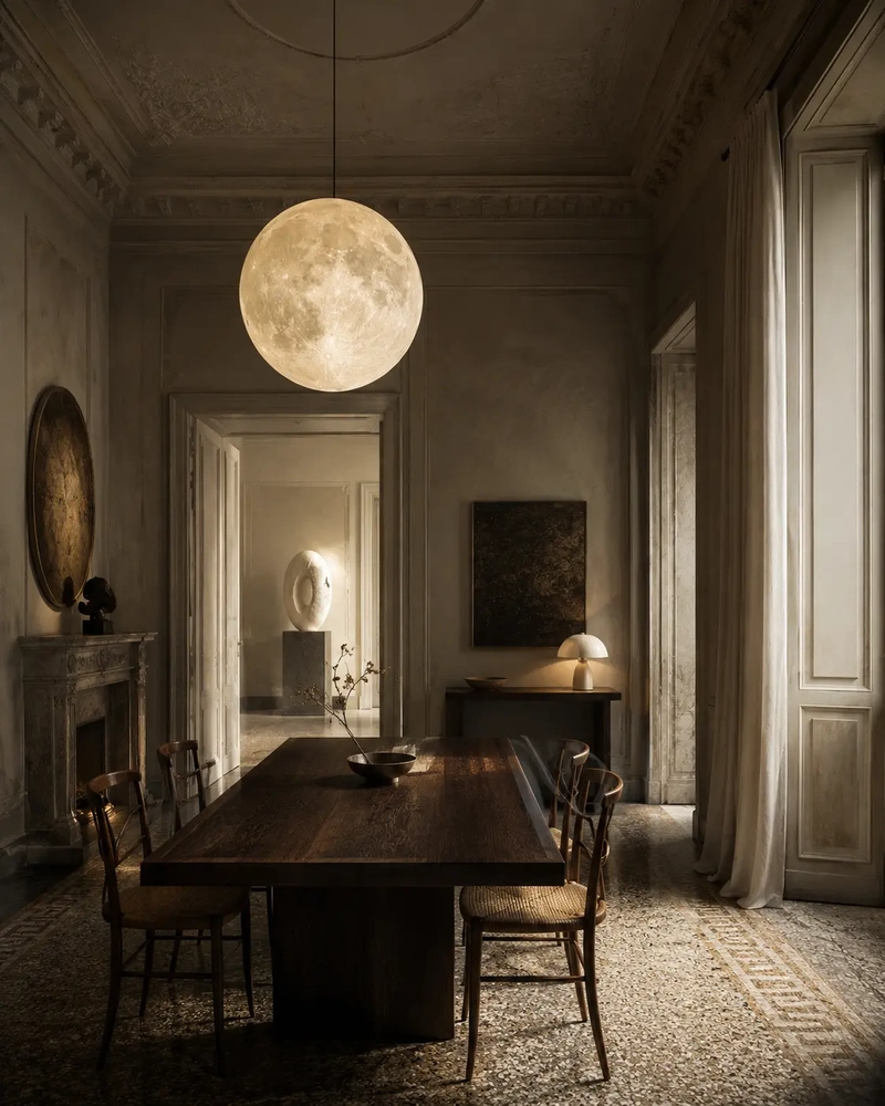 New Moon in Cancer meaning symbolized by an elegant vintage-inspired interior with a dark wooden dining table and a glowing moon-shaped pendant lamp, evoking home, memory, and emotional belonging.