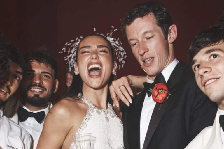 Dua Lipa birth chart image showing Dua Lipa celebrating with her husband during a joyful moment, surrounded by an elegant and festive atmosphere.