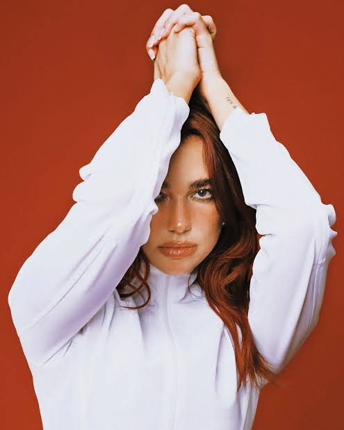 Dua Lipa birth chart image showing a portrait of Dua Lipa with a red background, capturing her confident, expressive, and magnetic public presence.