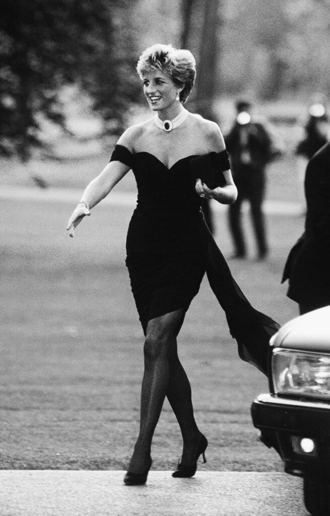 Princess Diana birth chart image showing Diana in the iconic Revenge Dress, photographed in black and white as a symbol of freedom and transformation.