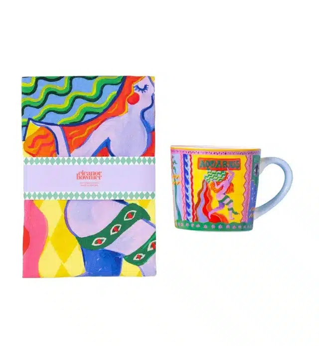 Colorful Aquarius-themed mug with playful zodiac-inspired details, selected for the Aquarius Full Moon shop the mood collection.