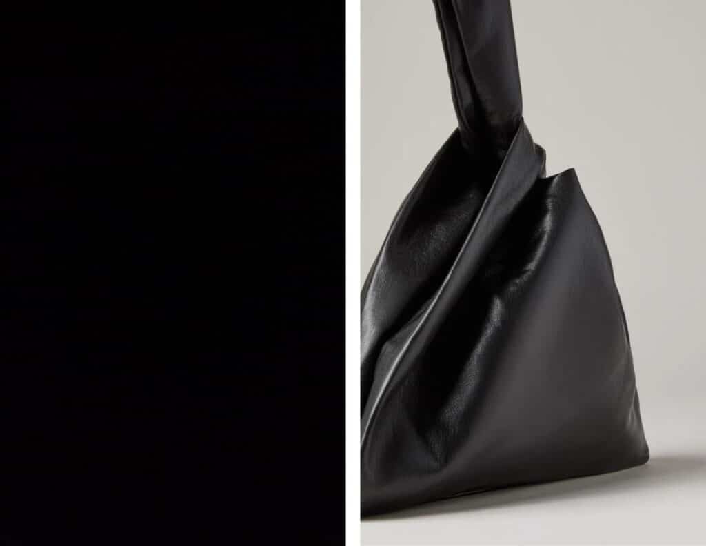 Black fashion image with a sculptural bag, representing Scorpio and the zodiac sign’s symbolic colour.