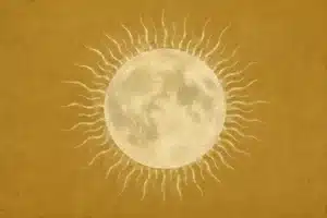 Solar eclipse in Leo 2026 illustration with a pale moon surrounded by soft wavy rays on a warm golden textured background.