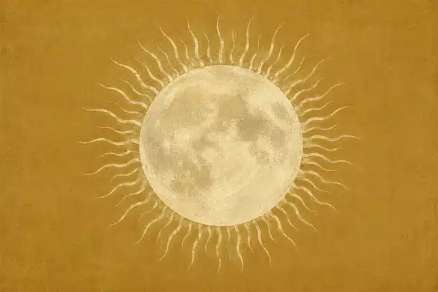 Solar eclipse in Leo 2026 illustration with a pale moon surrounded by soft wavy rays on a warm golden textured background.